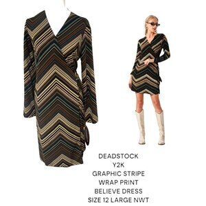 VINTAGE DEADSTOCK Y2K‎ WRAP DRESS BELIEVE STRIPE GRAPHIC SIZE 12 LARGE NWT